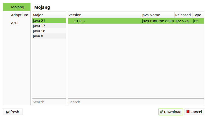 Java Download section of java tab under Prism Launcher settings