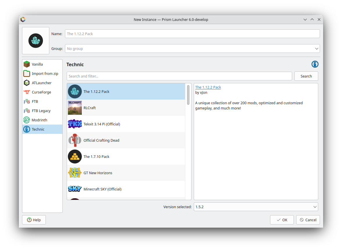 Technic tab under PrismLauncher New Instances